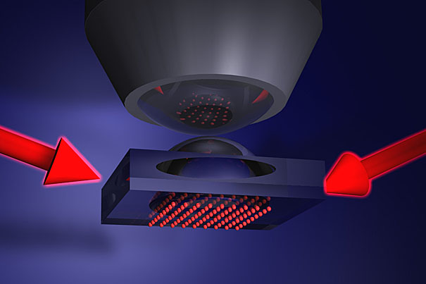 An illustration of a quantum gas microscope setup – the atoms (red dots) are in a 2D plane with the lens above them.